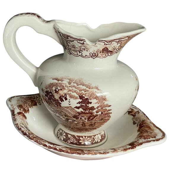 Vintage Brown Transferware Small Pitcher & Plate Pastoral Scene Ceramic Creamer - Picture 1 of 16
